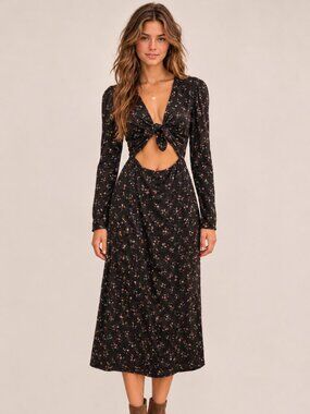 NWT WAYF Rosland Floral Cutout Midi Dress Small Black Cottage Boho Satin Dainty